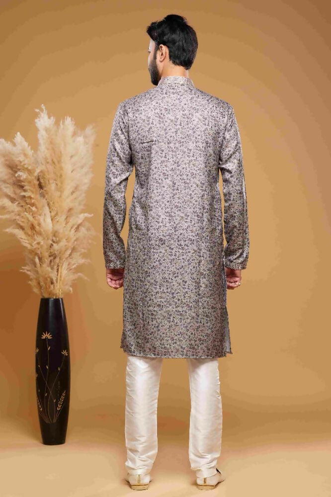 Raivat Ethnic Art Silk Digital Print Pintux Work Kurta Pajama In Grey Colour | Grocsy