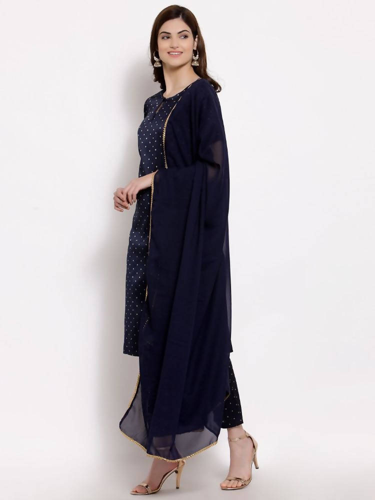 Myshka Women's Dark Blue Silk Blend Half Sleeve Round Neck Printed Casual Kurta Pant Dupatta Set | Grocsy