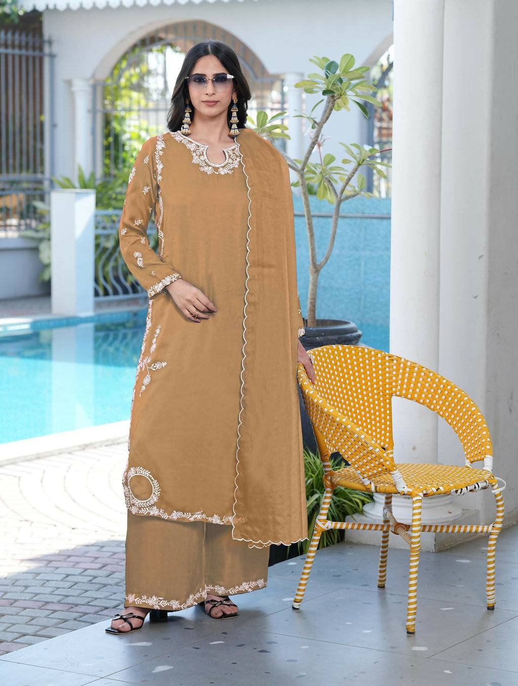 Nikhaar Light Brown Embroidered Modal Silk Stitched Straight Cut Kurta Culottes Dupatta Readymade Suit | Grocsy