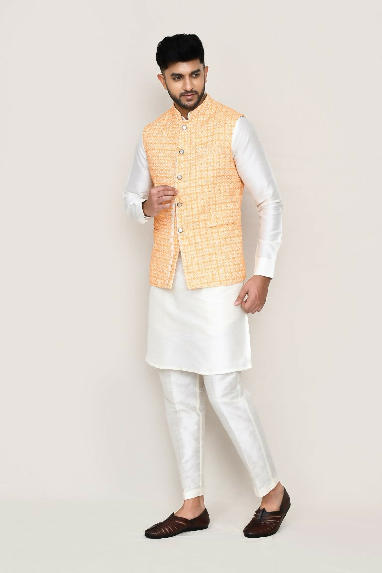 Joban Fashion White Colored Art Silk Fabric Kurta, Jacket With Straight Fit Pant | Grocsy