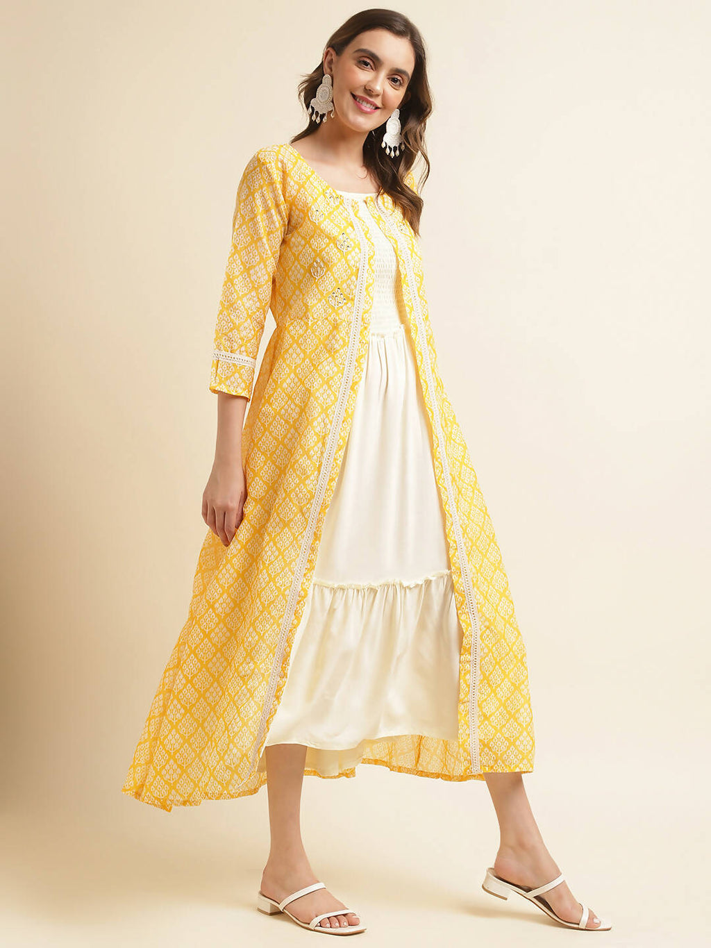 White Cotton Solid Flared Dress with Printed Shrug - Yukti | Grocsy