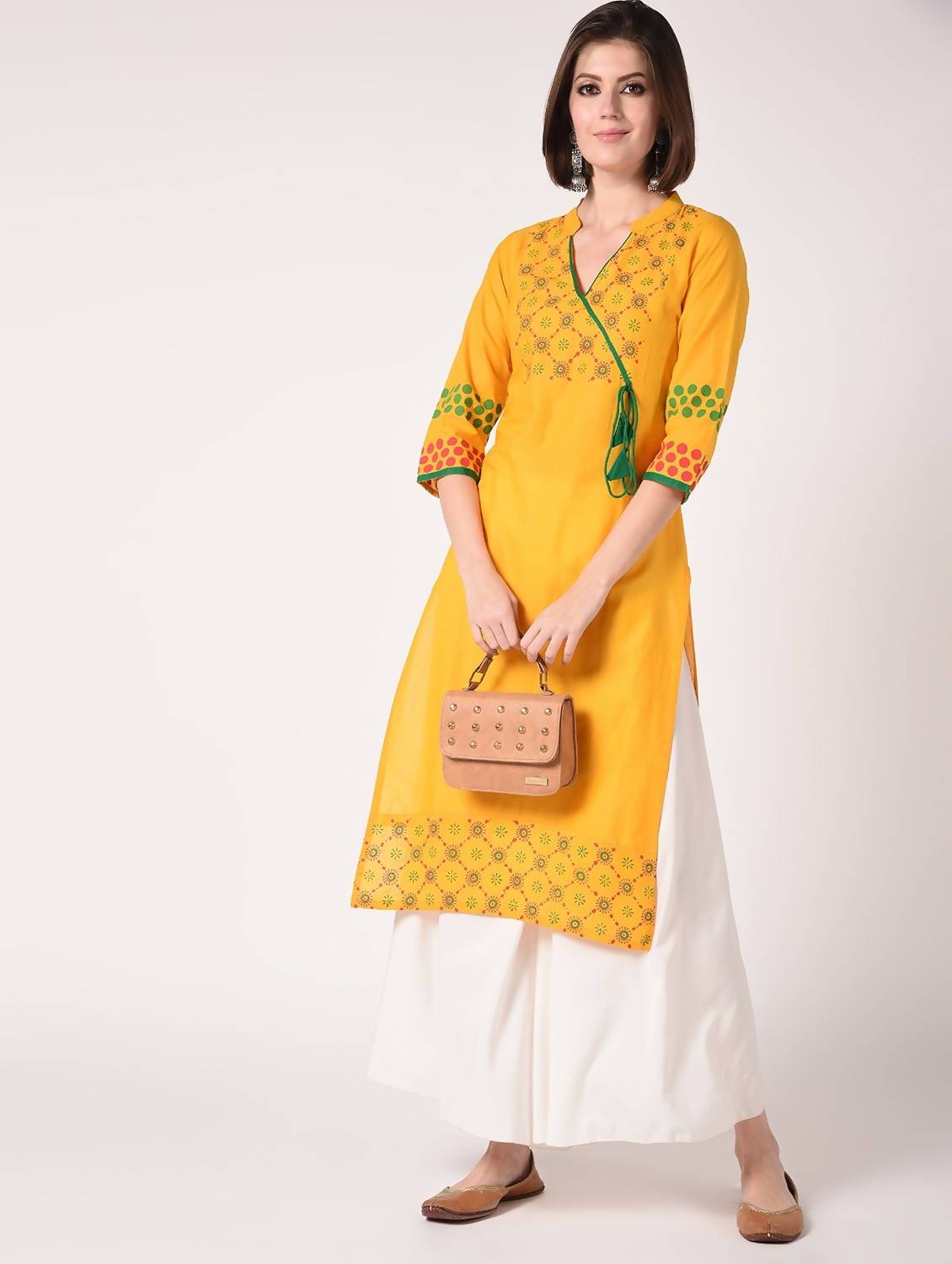 Cheera Hand Block print Mustard & White straight Kurta with Palazzo | Grocsy