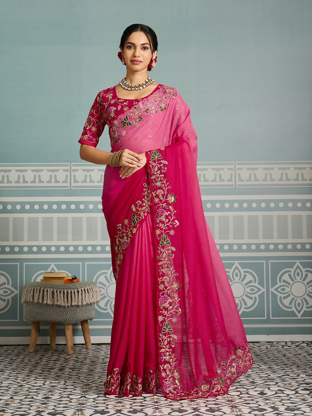 Teeya Creation New Exclusive Wedding Wear Georgette Saree-Pink | Grocsy