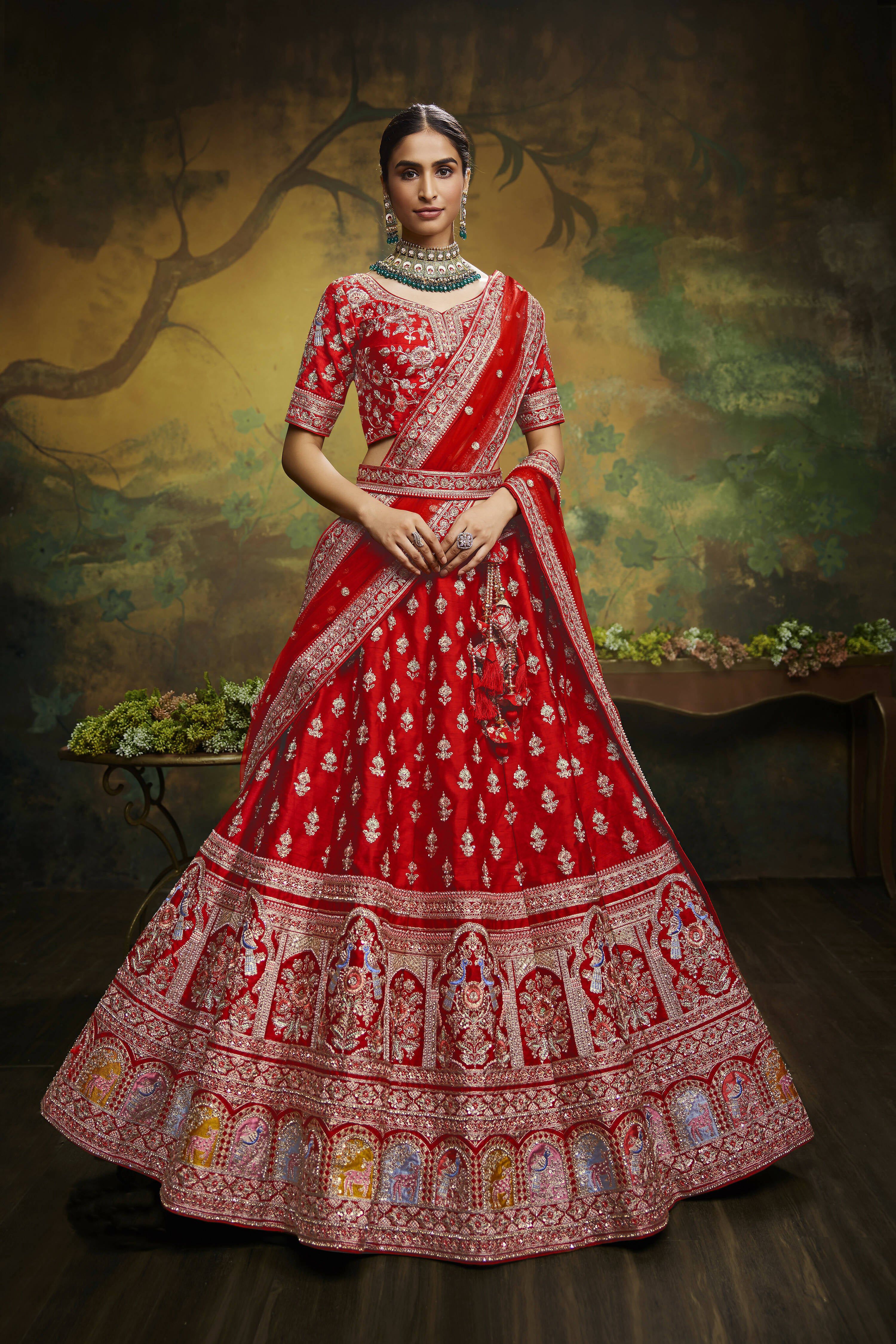 House of Panchhi Red Pure Silk Moti & Zarkan heavy embroidery Lehenga choli & Dupatta | Grocsy