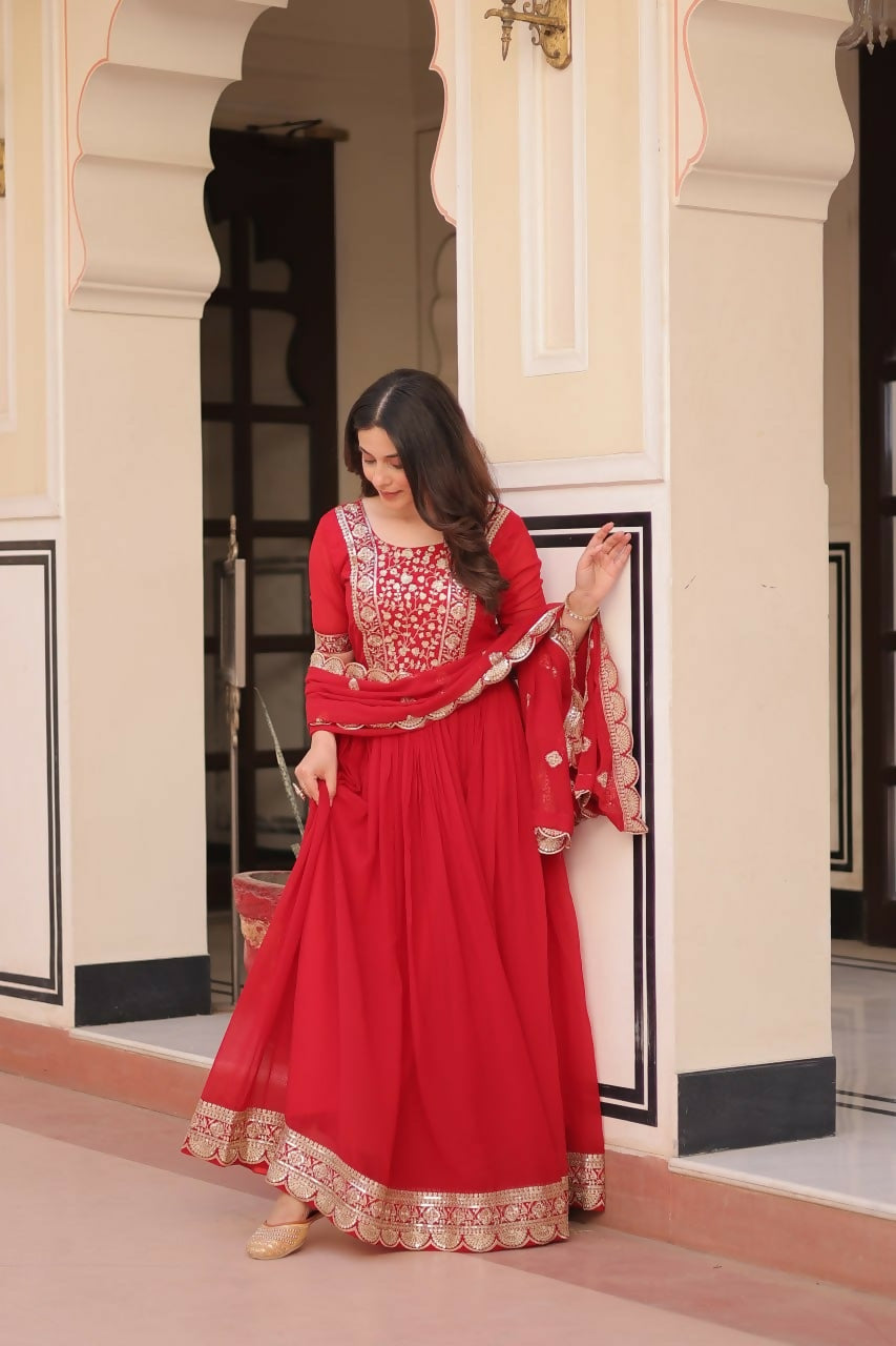 Teeya Creation Red Color Faux Georgette Embroidery Work Wedding Wear Long Gown | Grocsy