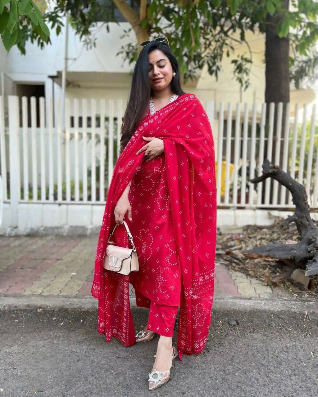 The52 Red Women's Beautiful Rayon Fabric Printed Work Straight Kurta Pant and Dupatta Set | Grocsy