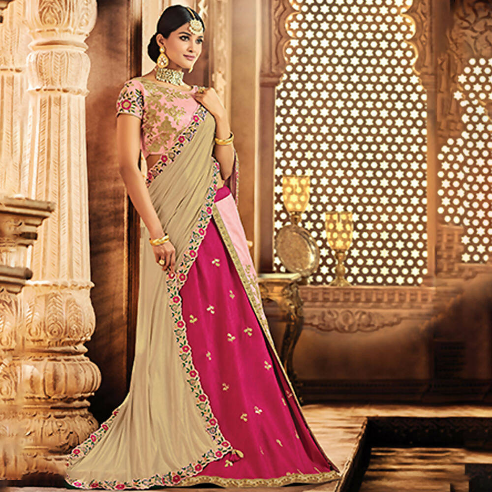 Pink Raw Silk Thread Zari And Sequins Embroidery Semi-Stitched Lehenga Saree - Mohmanthan Dezzy | Grocsy