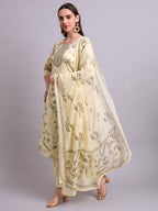 Joban Fashion Beige Cotton Floral Printed & Embroidery Work Kurta With Trousers & Dupatta Set | Grocsy