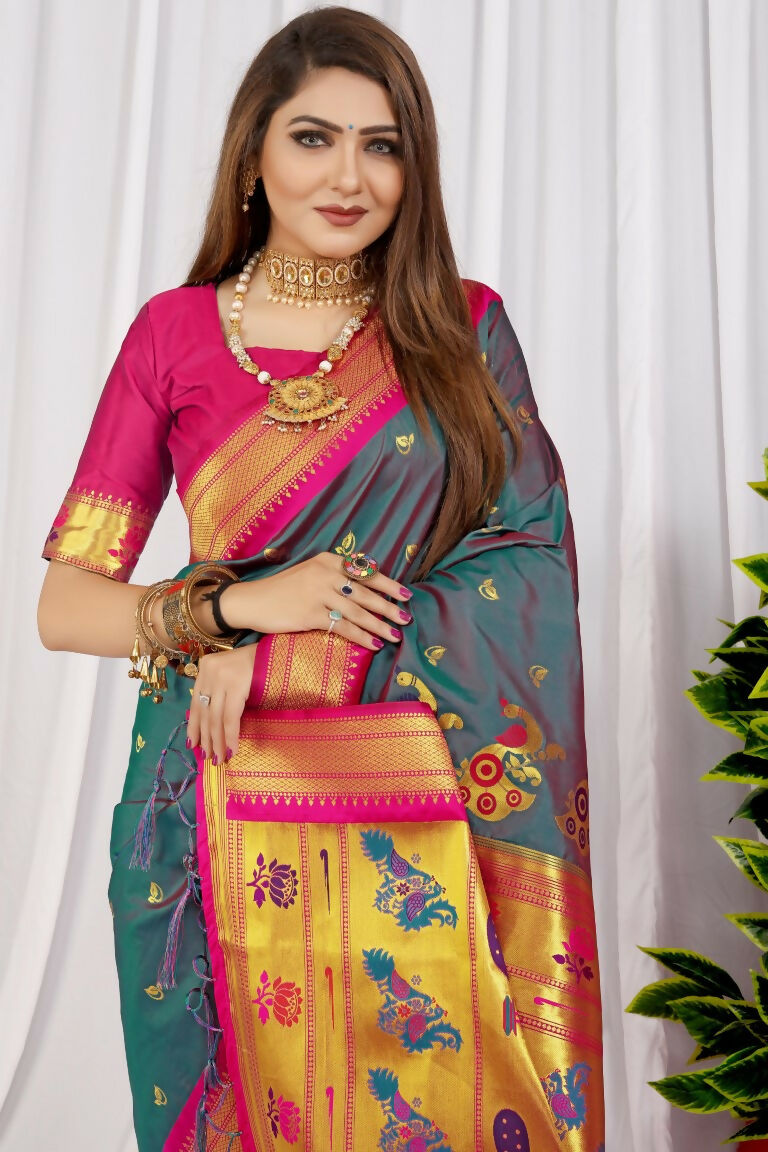 Jyoti Fashion Women's Grey Paithani Silk Zari Woven Saree with Blouse | Grocsy