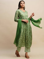 Green Pure Cotton Floral Printed Naira Cut Kurta And Bottom With Dupatta - Akashara | Grocsy