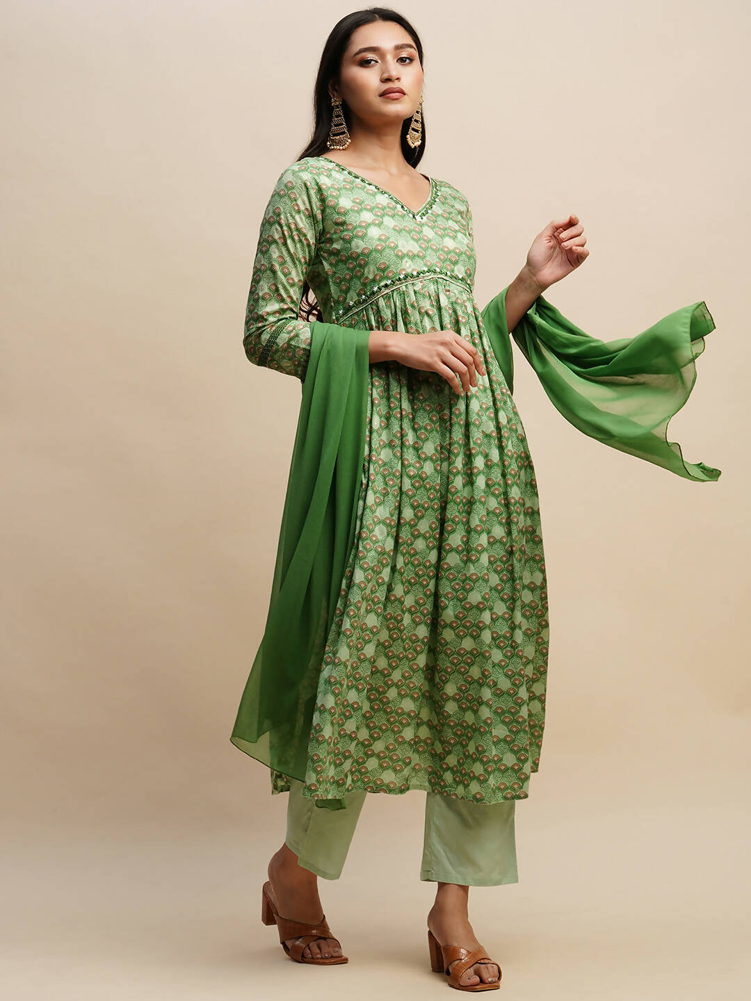 Green Pure Cotton Floral Printed Naira Cut Kurta And Bottom With Dupatta - Akashara | Grocsy