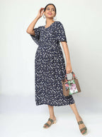 Manet Frill Slevees Maternity Dress Floral Print With Concealed Zipper Nursing Access - Navy | Grocsy