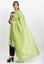 Mominos Fashion Moeza Women's Linen Cotton Silver Border Parrot Green Dupatta | Grocsy