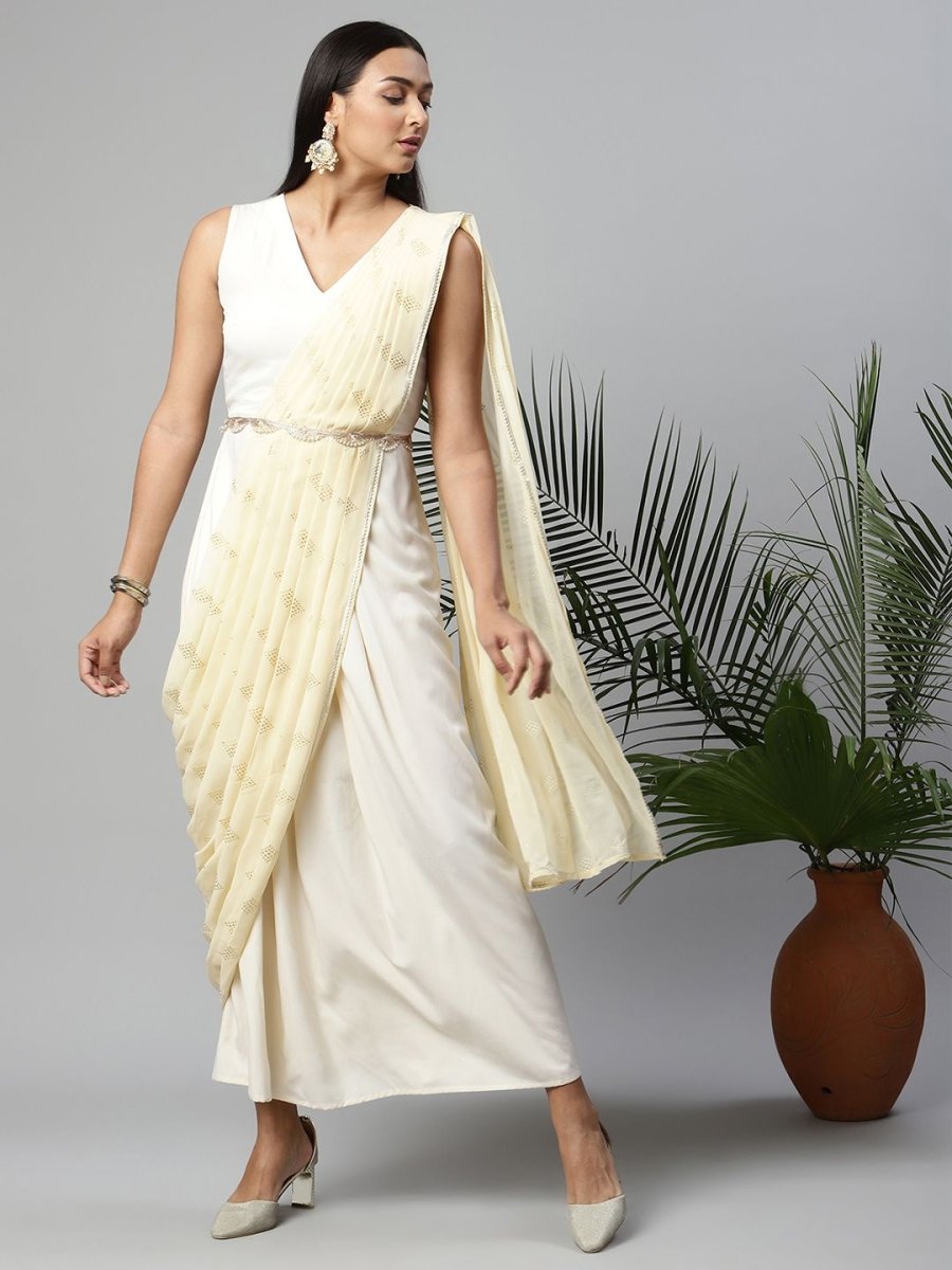 Ahalyaa Women Off White Crepe Georgette Saree Dress With Printed Pallu | Grocsy
