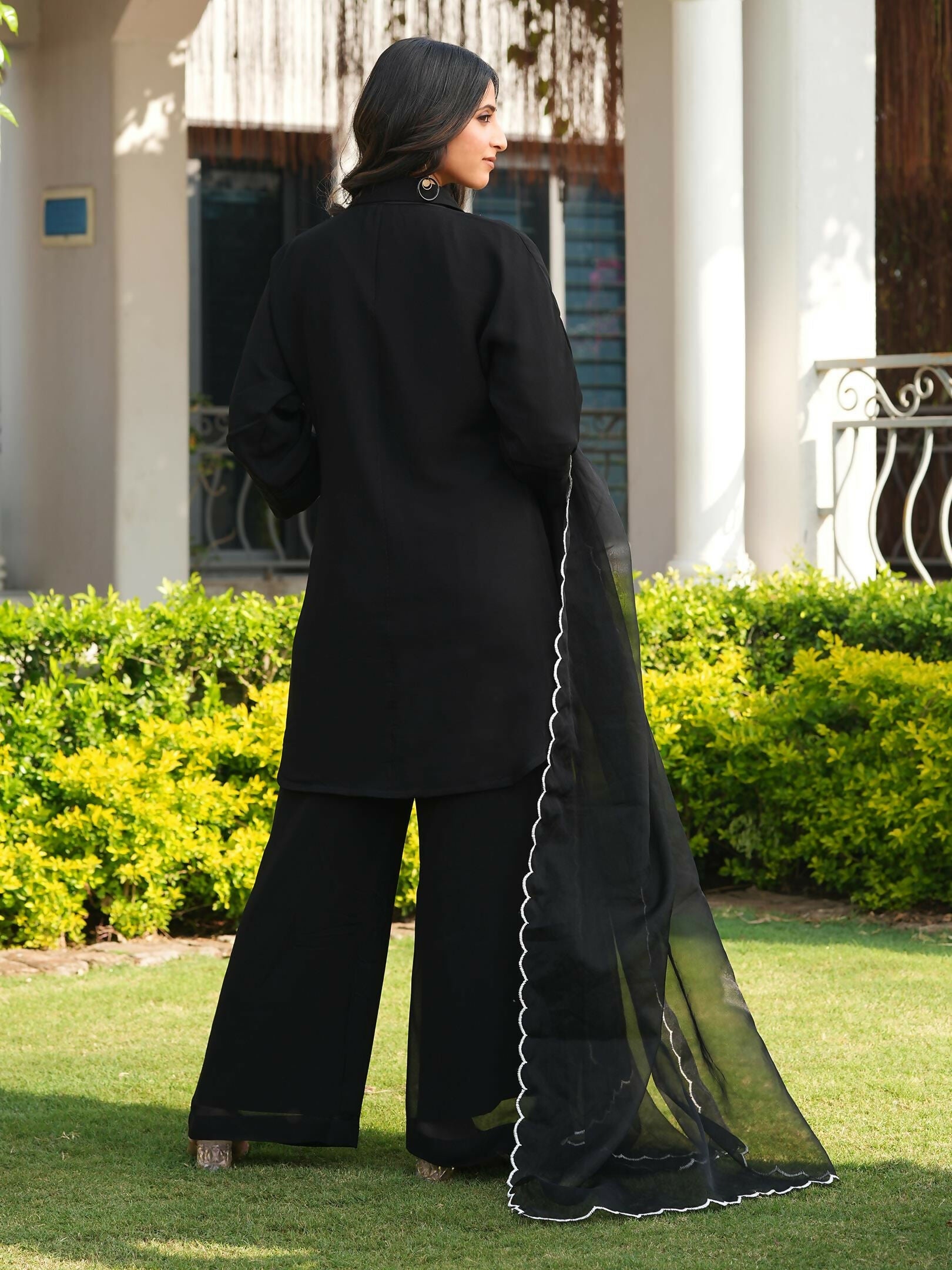 Nikhaar Black Embroidered Viscose Georgette Stitched Straight Cut Kurta Culottes Dupatta Readymade Suit | Grocsy