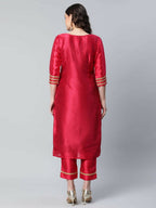 Ahalyaa Womens Red Art Silk Printed Kurta Pant Set | Grocsy