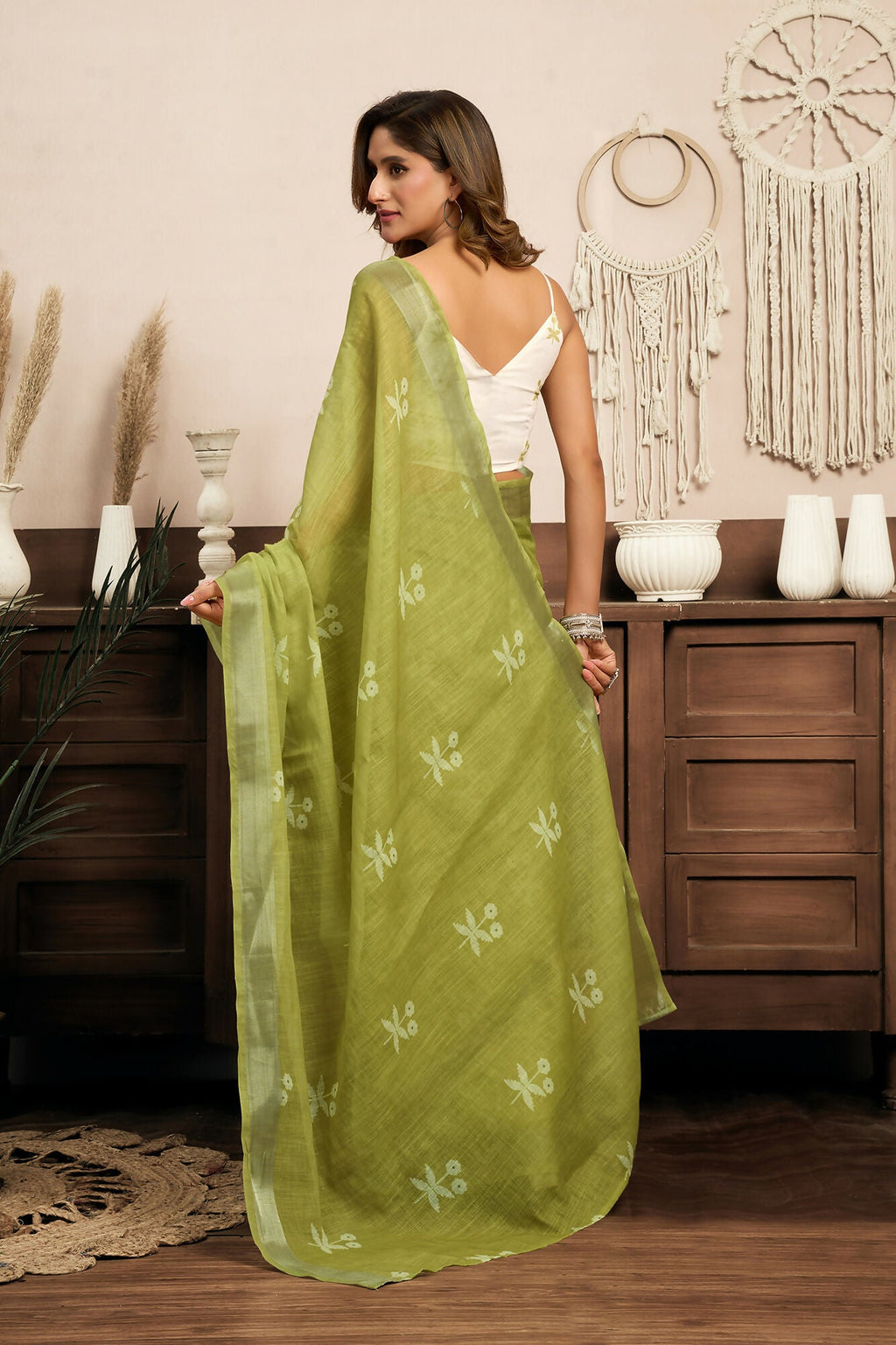 Vastranavya Mehendi Digital Printed Linen Ready To Wear Designer Saree with Unstitched Blouse | Grocsy