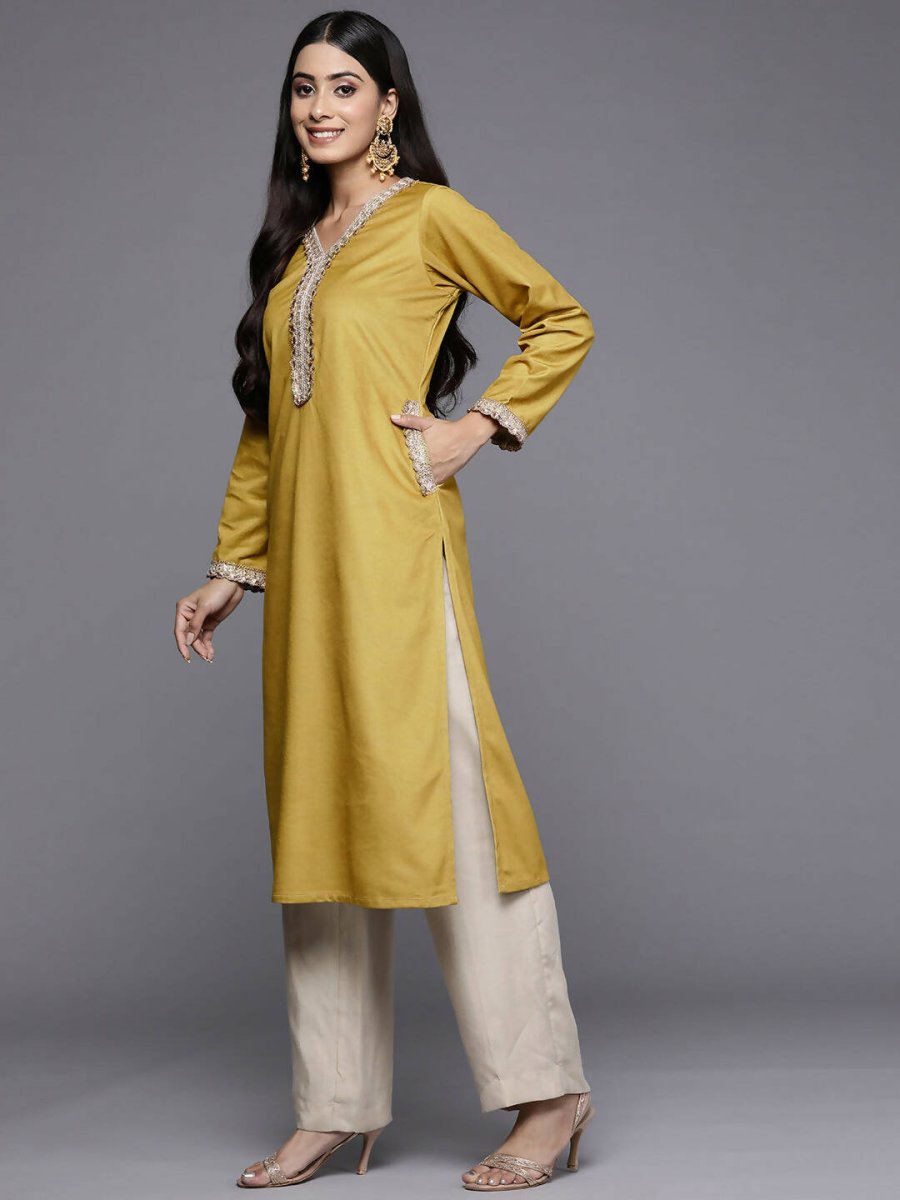 Ahalyaa Women Mustard Yellow & Golden Ethnic Motifs Yoke Design Velvet Kurta | Grocsy