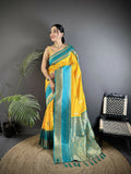 Joban Fashion Yellow Banarasi Soft Silk Woven Saree | Grocsy
