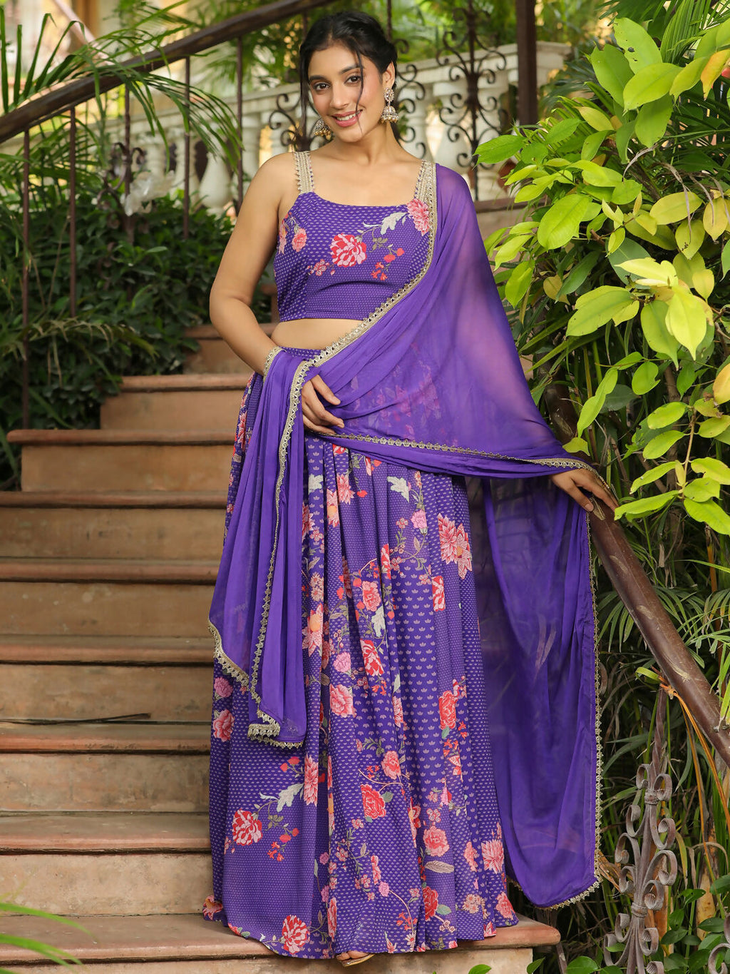 Janasya Purple Georgette Floral Lehenga Choli Dupatta | Grocsy
