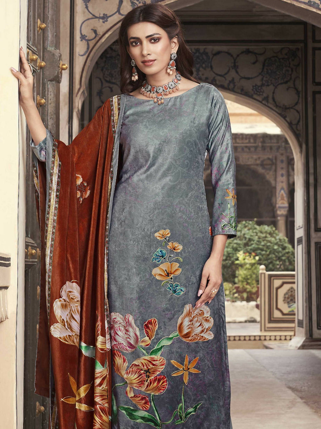 Jyoti Fashion Women's Grey Velvet Floral Digital Printed Kurta with Trouser & Dupatta | Grocsy