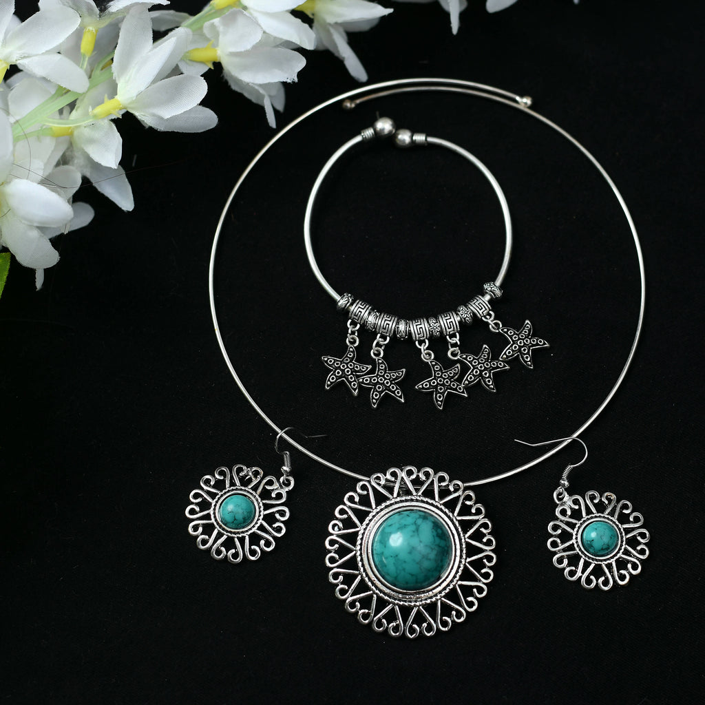 Mominos Fashion Johar Kamal Oxidised Silver-Plated Stone Work Necklace Handicraft | Grocsy