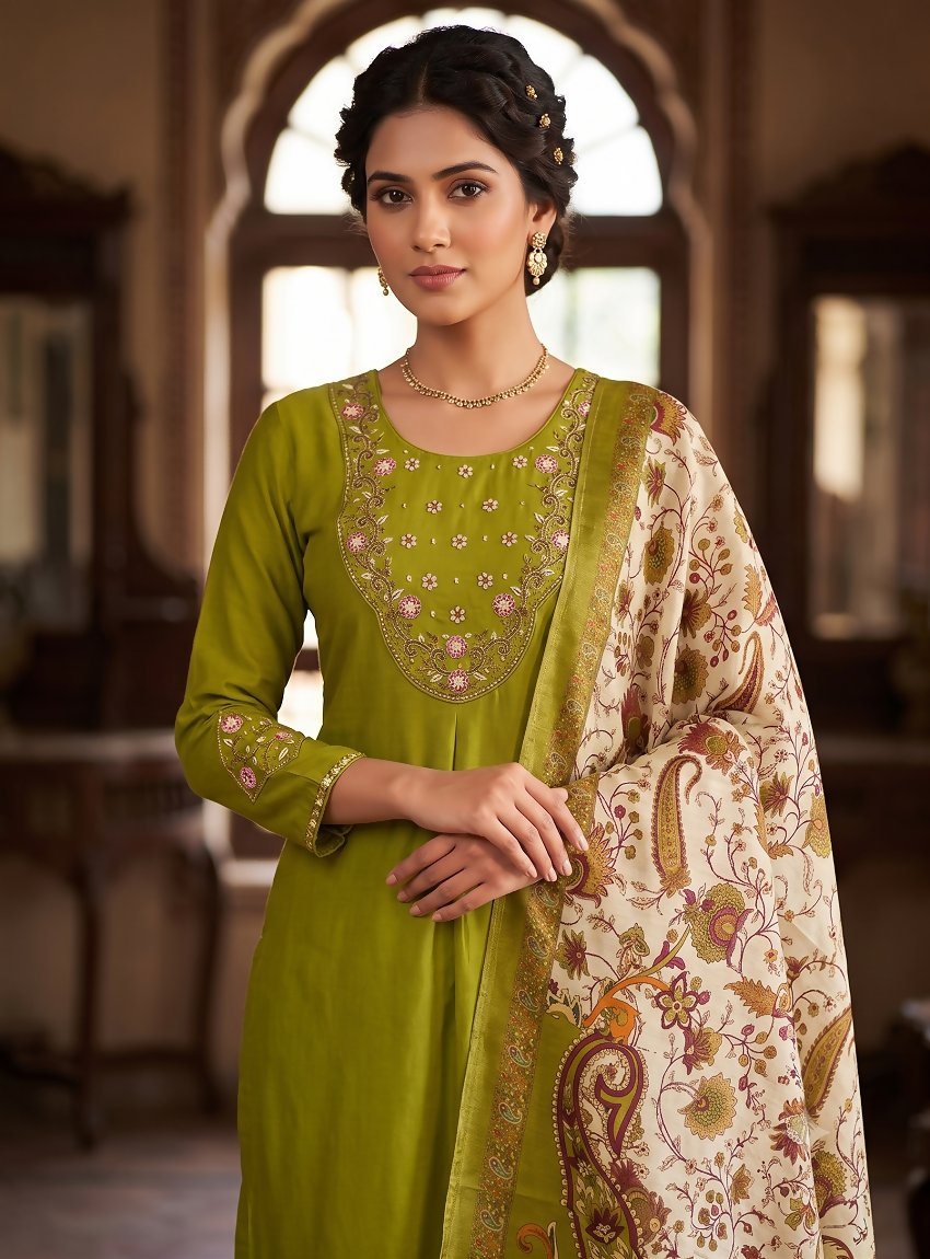 Teeya Creation Women Olive Green Embroidered Kurta Pant Set With Dupatta | Grocsy
