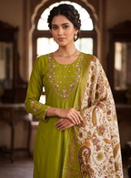 Teeya Creation Women Olive Green Embroidered Kurta Pant Set With Dupatta | Grocsy