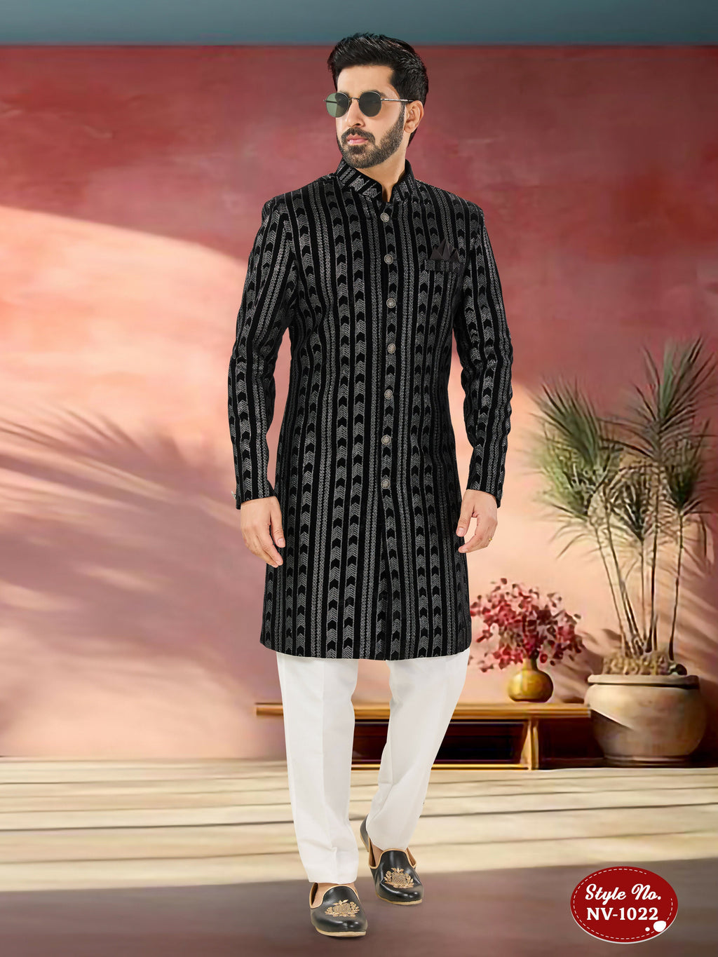 Joban Fashion Men's Black Base Straight Velvet Thread And Sequence Embroidary All Over Indo-Western Kurta Set | Grocsy