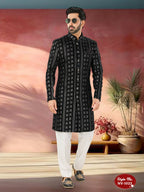 Joban Fashion Men's Black Base Straight Velvet Thread And Sequence Embroidary All Over Indo-Western Kurta Set | Grocsy