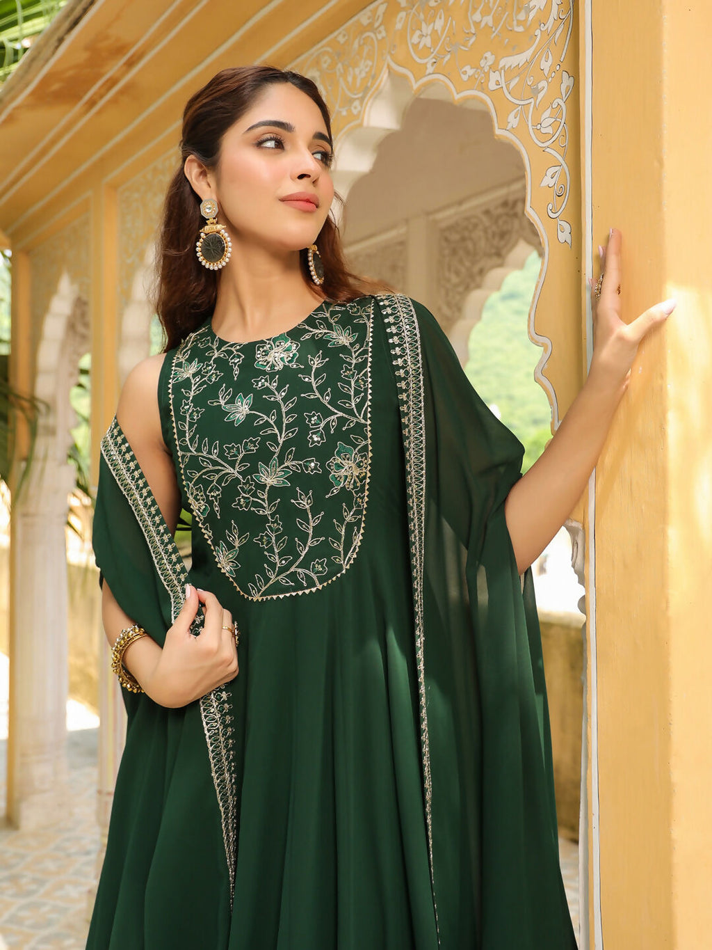 Janasya Dark Green Georgette Embroidered Dress & Jacket | Grocsy
