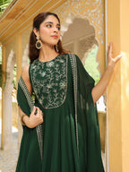 Janasya Dark Green Georgette Embroidered Dress & Jacket | Grocsy