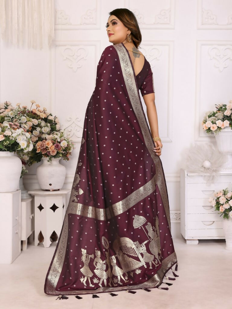 Anaita Dark Brown kochi Silk With Bandhej Weaving Saree With Blouse | Grocsy