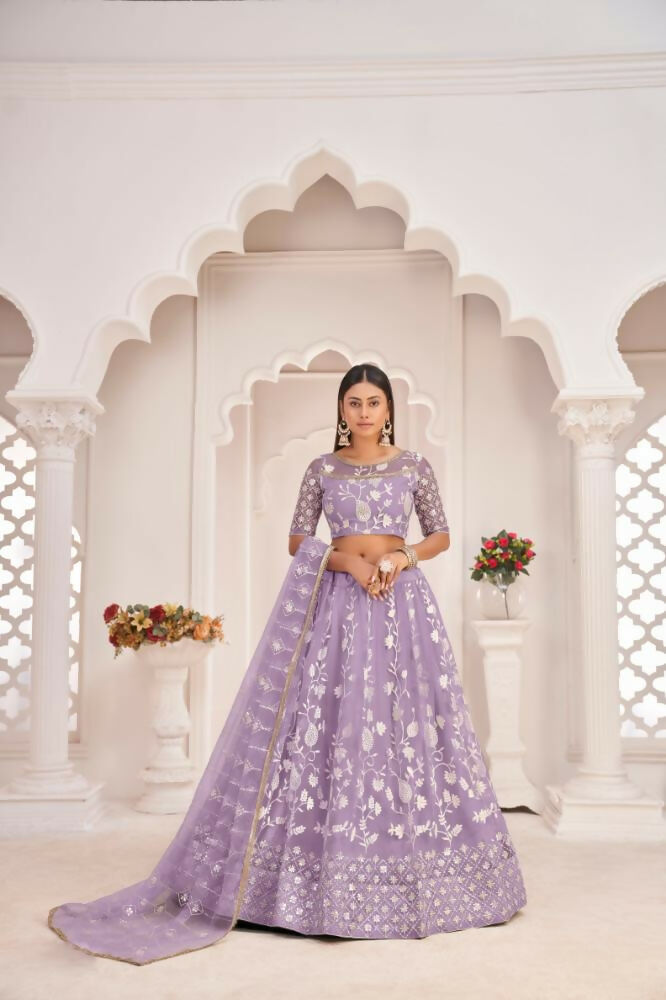 Aastha Fashion Lavender Butterfly Net White Cotton Thread Work, Zari Work And Sandwich Sequence Work Embroidery Wedding Wear Lehenga Choli | Grocsy