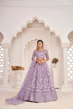 Aastha Fashion Lavender Butterfly Net White Cotton Thread Work, Zari Work And Sandwich Sequence Work Embroidery Wedding Wear Lehenga Choli | Grocsy