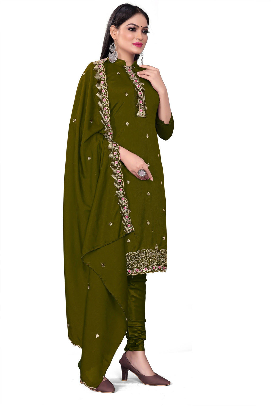 Green Silk Embroidered with Sequins work Unstitched Dress Material - Tanvi | Grocsy
