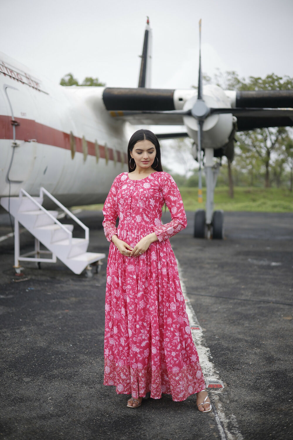 Aayaa Printed Faux Georgette with Embroidery Zari Sequins work Gown - Red Pink | Grocsy