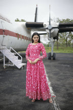 Aayaa Printed Faux Georgette with Embroidery Zari Sequins work Gown - Red Pink | Grocsy
