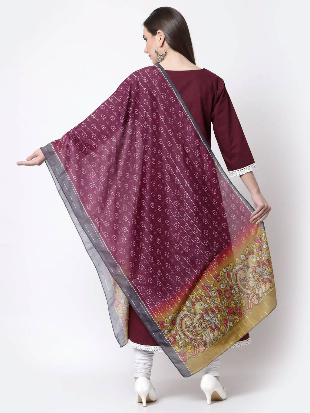 Myshka Burgandy Printed Cotton Full Sleeve V Neck Casual Kurta Dupatta Set | Grocsy