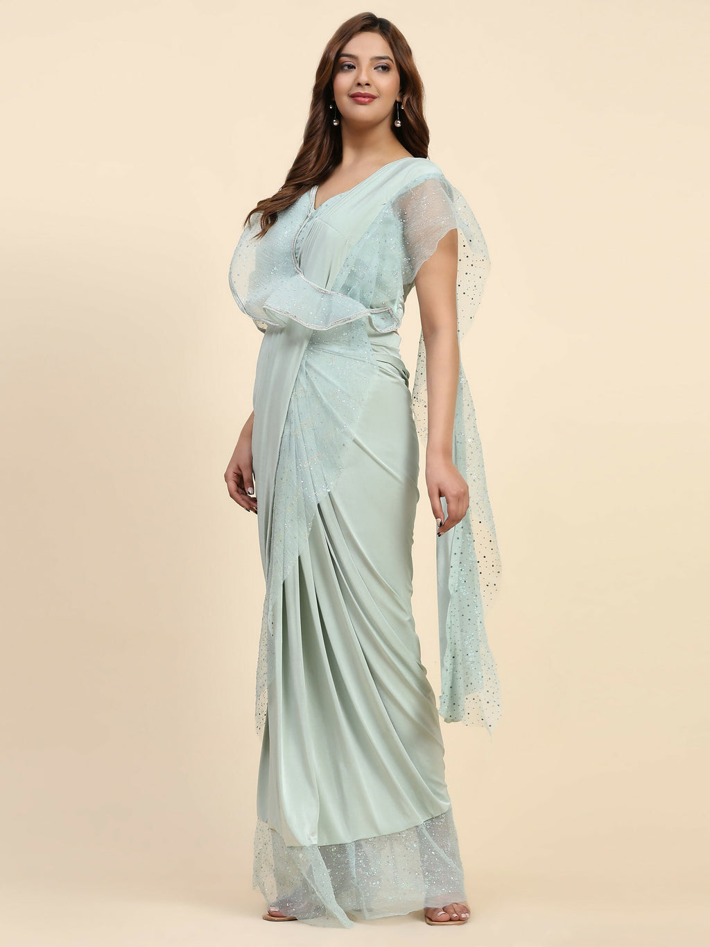 Light Blue Lycra Solid Ready to Wear Saree with stitched Blouse - Nita | Grocsy