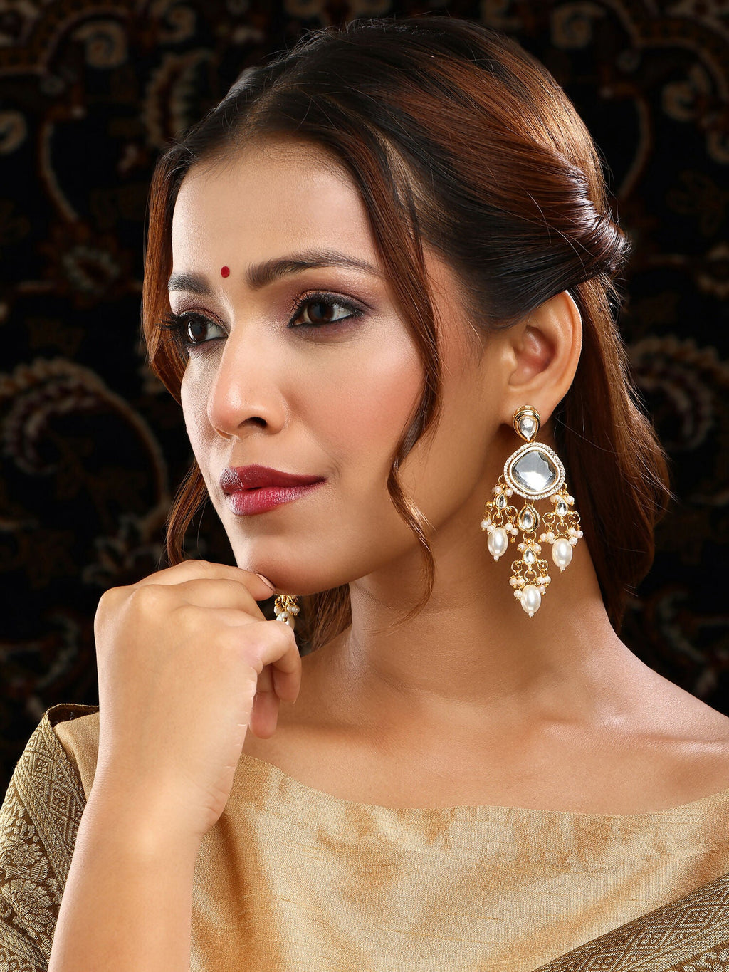 Ruby Raang 22k Gold Polished Kundan Earrings With Pearls | Grocsy