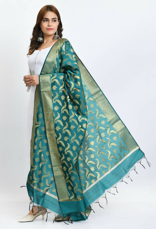 Mominos Fashion Moeza Women's Banarsi Silk Floral Woven Design Rama Green Dupatta | Grocsy