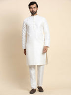 White Viscose Jacquard Woven Jacquard Designer Men's Rajwadi Kurta Set - Mahotsav | Grocsy