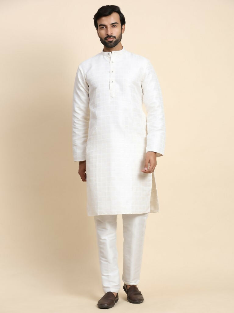 White Viscose Jacquard Woven Jacquard Designer Men's Rajwadi Kurta Set - Mahotsav | Grocsy