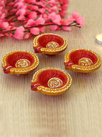 Tied Ribbons Set Of 4 Terracotta Diyas | Grocsy