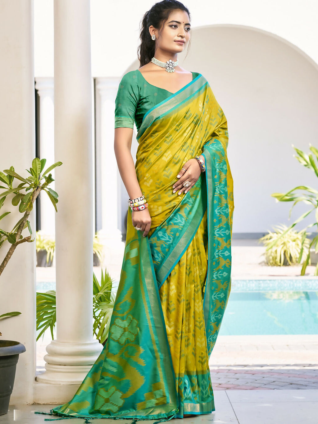 Shree Shyam Fashion Pochampalli Silk Mustrad Yellow Saree | Grocsy