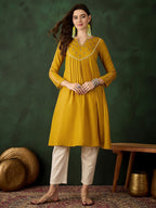 Sangria Floral Embroidered Thread Work Cotton A-Line Kurta | Grocsy