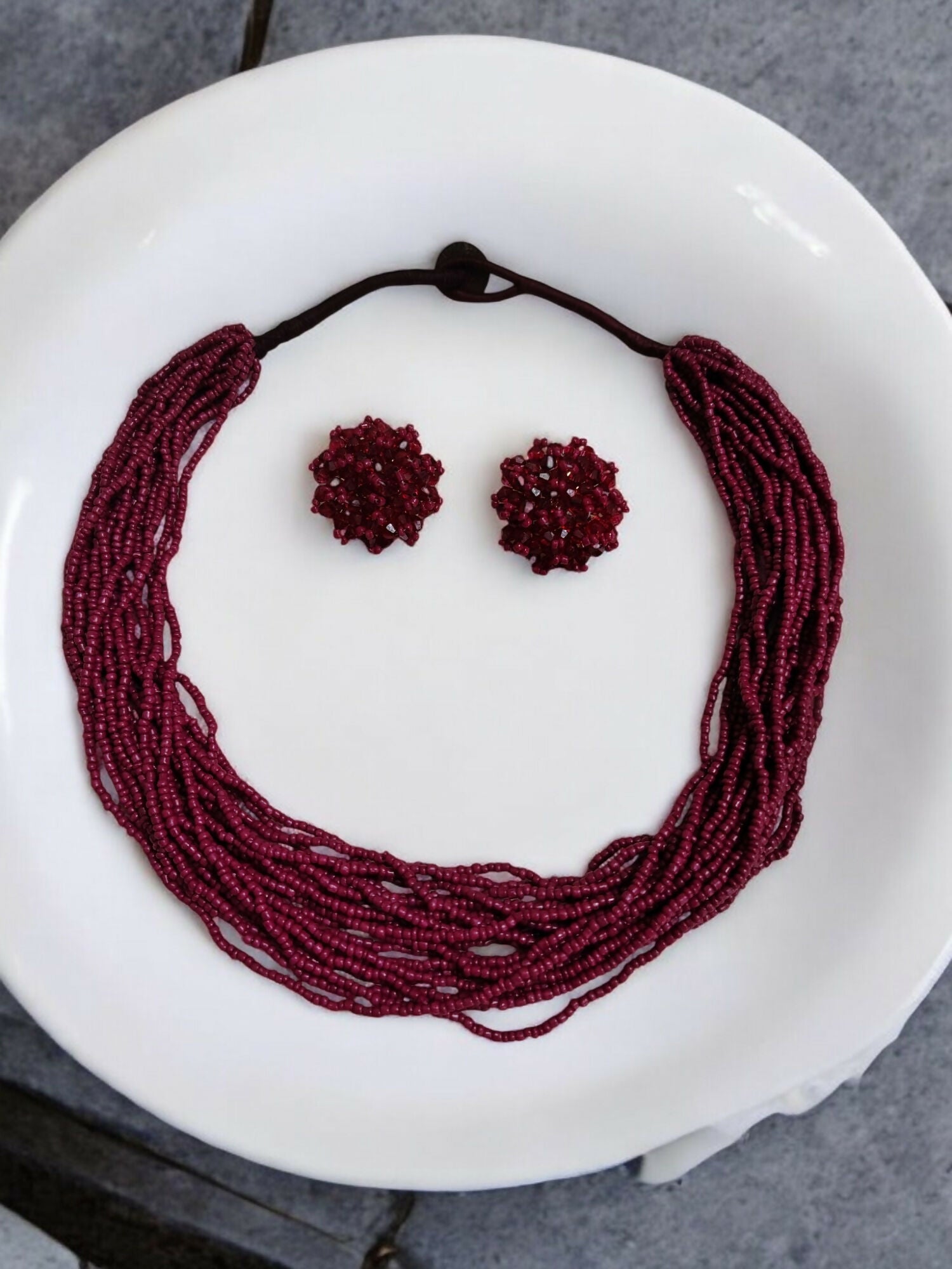 Inhanns Vibrant Handmade 20 Layers Beaded Necklace With Matching Earrings - Wine | Grocsy