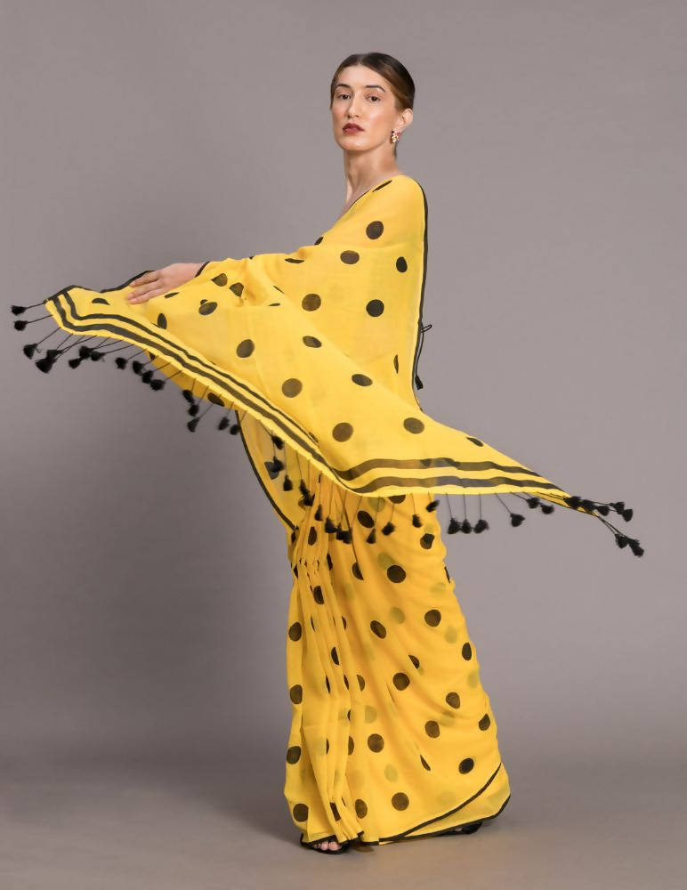 Suta Yellow and Black Polka Printed Pure Cotton Saree | Grocsy