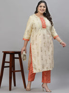Sztori Plus Size Floral Printed Foil Work Straight Kurta With Trousers | Grocsy